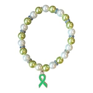 Chic Green and White Beaded Bracelet with Ribbon Charm 1064